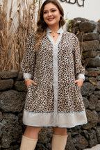 Khaki Plus Size Leopard Print Striped Trim V Neck Drop Waist Long Sleeve Mini Dress