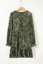 Jungle Green Plus Size Velvet Babydoll Mini Dress with Puff Sleeve