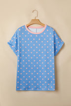 Sky Blue Raised Rib Polka Dot Print Cuffed Short Sleeve Top