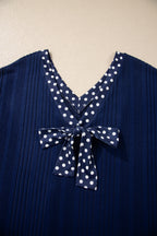 Dirty blue Polka Dot Trimmed V Neck Bow Tie Textured Ribbed Top