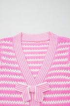 Pink Stripe Short Sleeve Knit V Neck Bow Knot Sweater