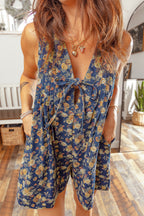 Blue Retro Floral Print Bow Tie V Neck Sleeveless Pleated Loose Denim Romper