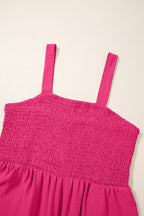 Rose Red Smocked Square Neck Sleeveless Jumpsuit with Pockets