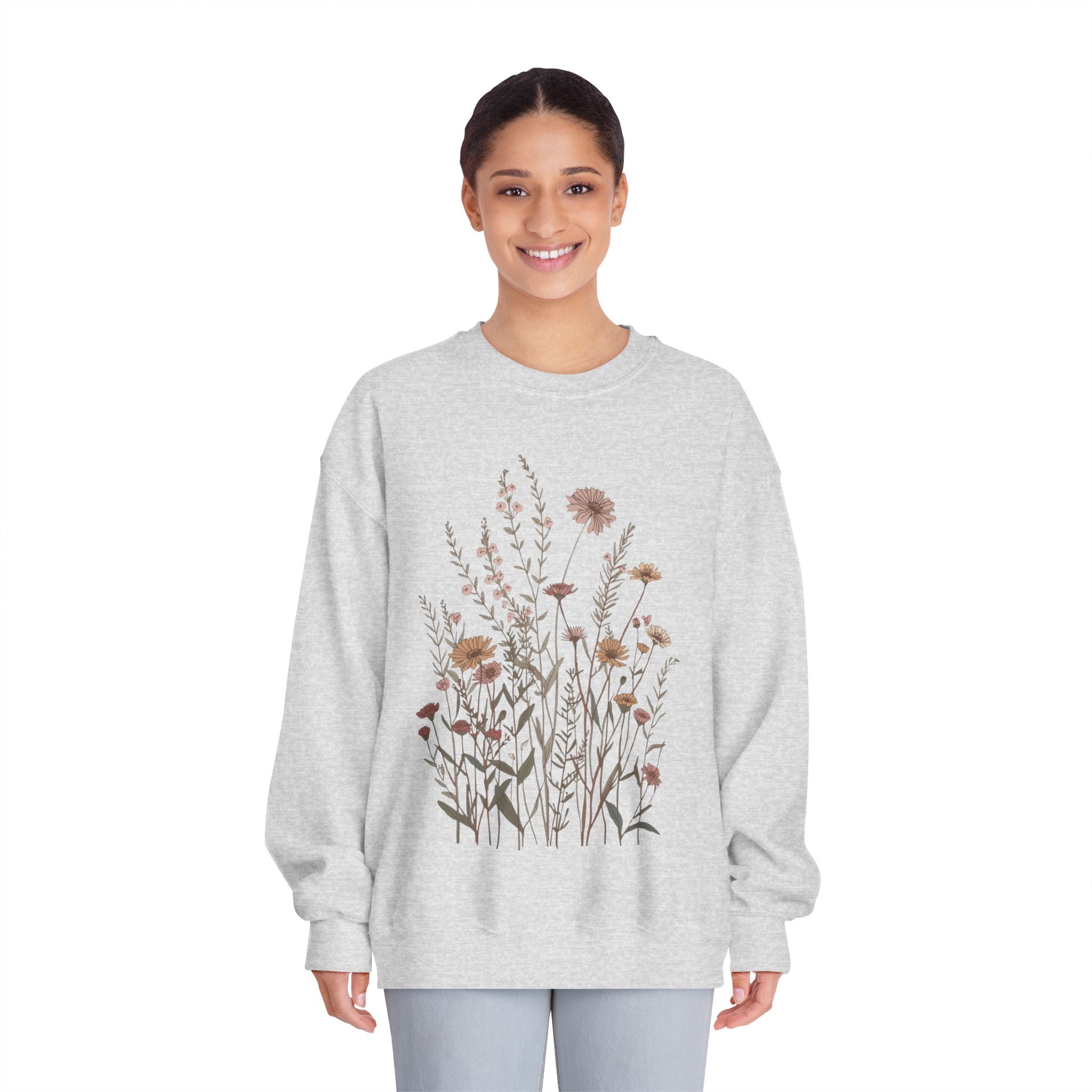 Floral Meadow Crewneck Sweatshirt — Neutral Wildflower Bouquet Graphic