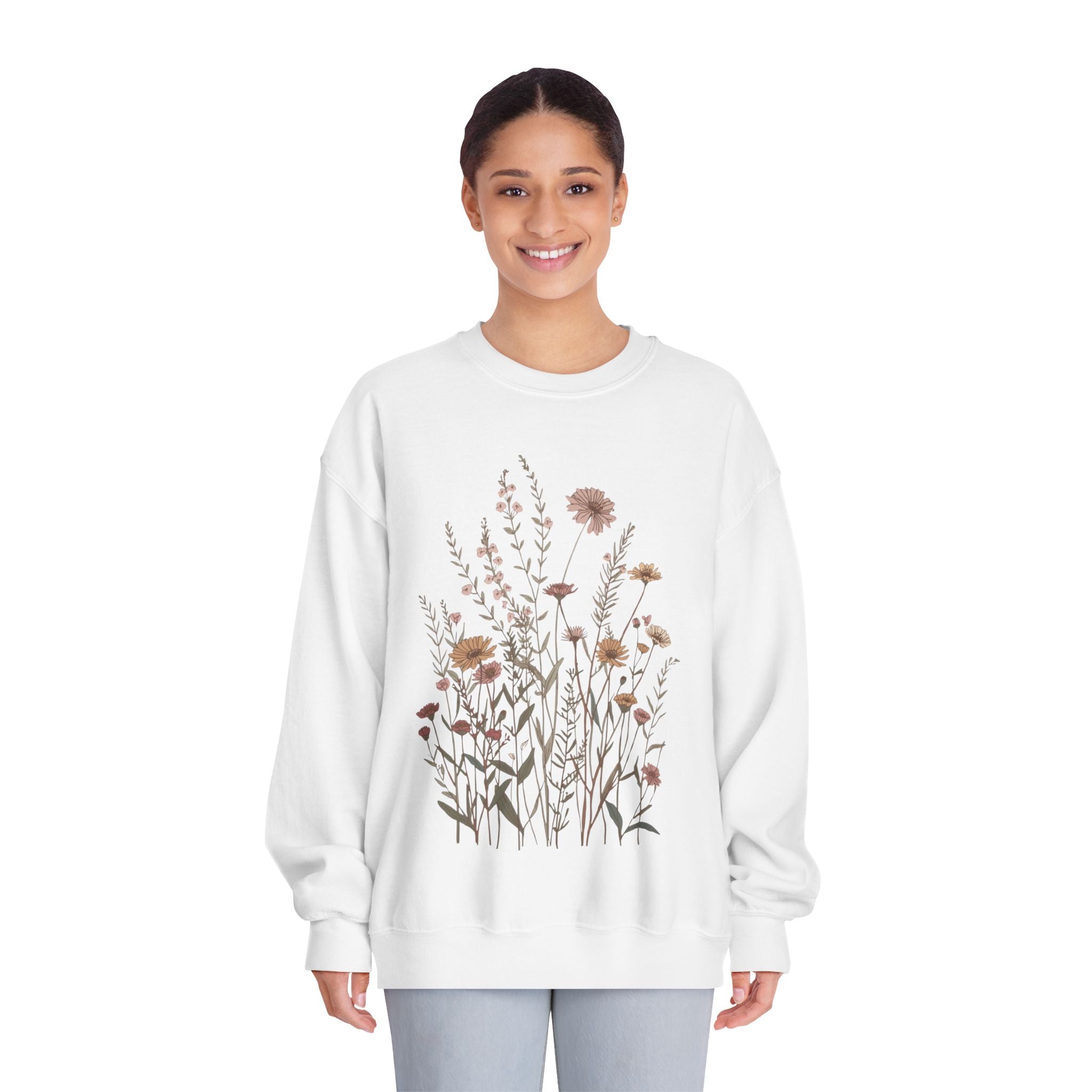 Floral Meadow Crewneck Sweatshirt — Neutral Wildflower Bouquet Graphic