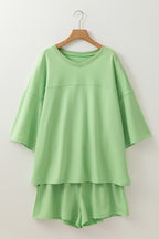 Meadow Mist Green Plus Size V Neck Drop Shoulder Tee Loose Shorts 2pcs Outfit