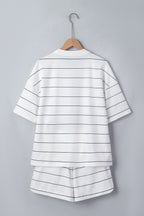 White Stripe Half Sleeve Tee Drawstring Shorts 2pcs Set