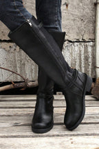 Black Side Zipper Knee High Chunky Low Heel Boots