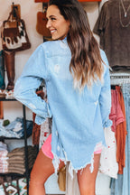 Beau Blue Mineral Wash Distressed Frayed Long Denim Jacket