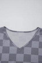 Gray Checkered V Neck Tee Drawstring Shorts Lounge Set