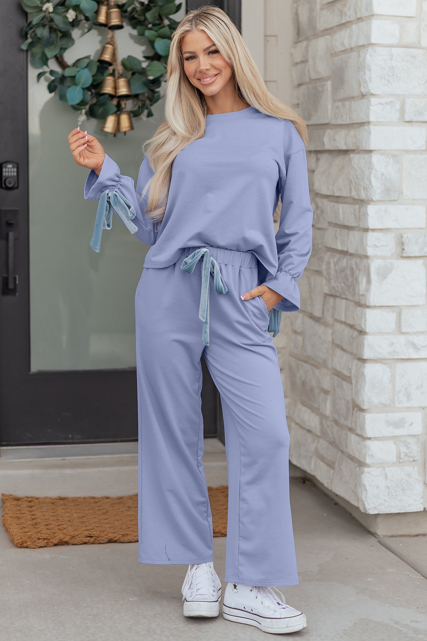 Beau Blue Flounce Long Sleeve Top Drawstring Pants Contrast Velvet Bow Knot 2pcs Lounge Set