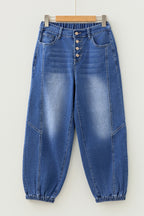 Blue 4 Buttons Front Tapered Casual Loose Fit Jeans