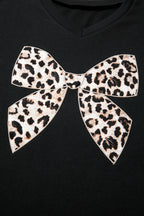 Black Contrast Leopard Bow Patched V Neck Loose Tee Drawstring Shorts 2pcs Outfit