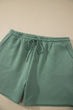 Mineral Blue Plus Size Textured Short Sleeve Top Drawstring Shorts Set