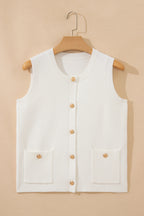 White Solid Color Sleeveless Knit Button Pocketed Sweater