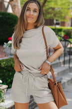 Gray Solid Color Textured Loose Top Casual Two Piece Short Set
