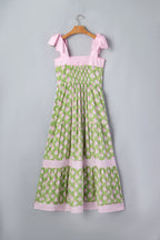 Green Floral Print Striped Detail Knot Straps Maxi Dress