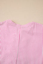 Red Stripe Frilled Detail Half Buttons Short Sleeve Long Dress