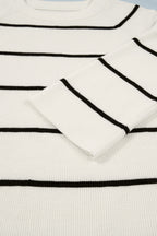 White Stripe Ribbed Knit Half Sleeve Loose Sweater Tee
