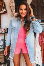 Beau Blue Mineral Wash Distressed Frayed Long Denim Jacket