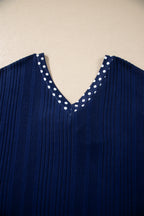 Dirty blue Polka Dot Trimmed V Neck Bow Tie Textured Ribbed Top