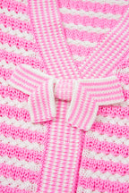 Pink Stripe Short Sleeve Knit V Neck Bow Knot Sweater