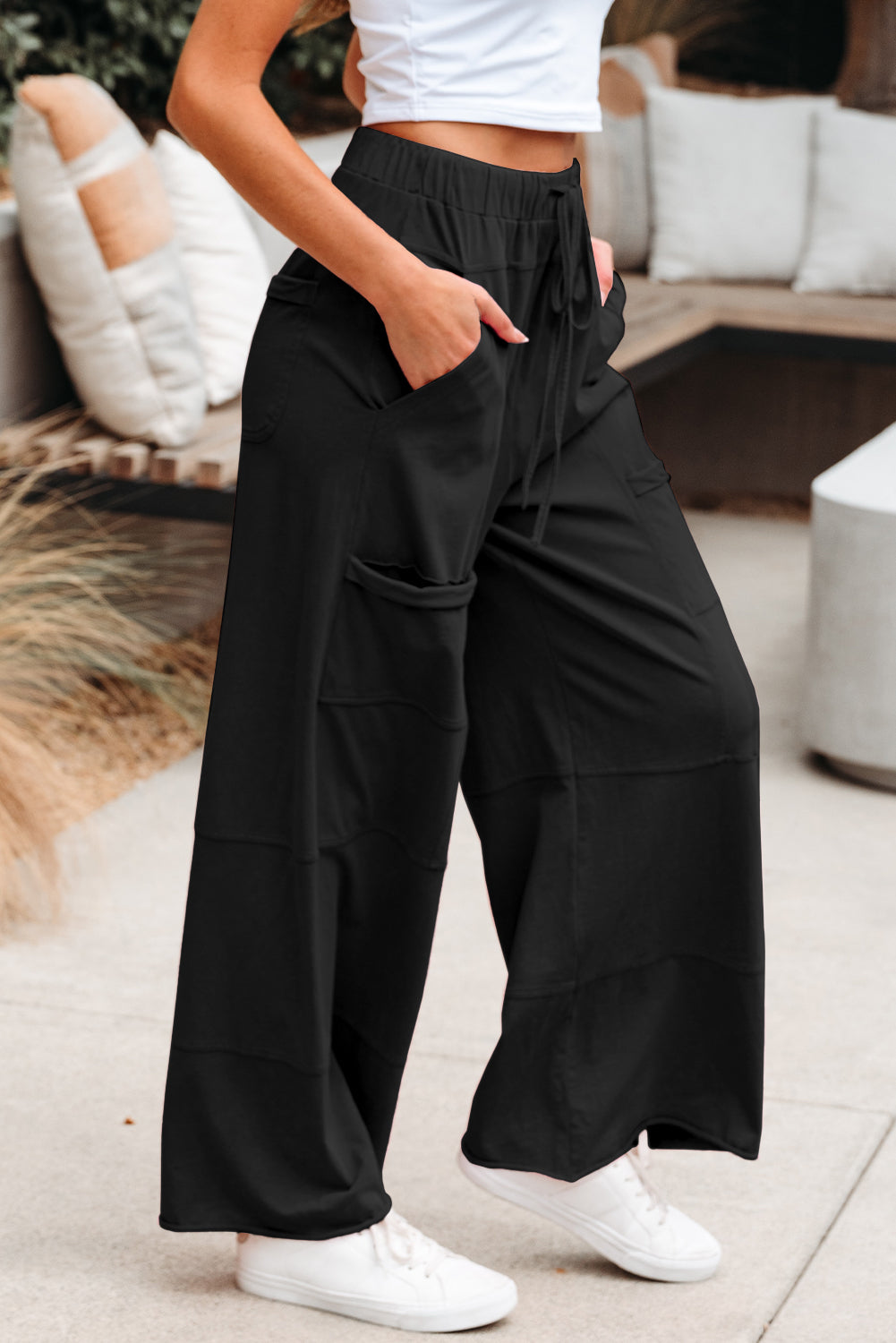 Black Mineral Wash Exposed Seam Drawstring Elastic Waistband Wide Leg Cargo Pants