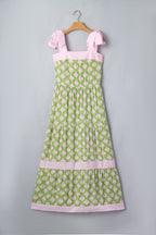 Green Floral Print Striped Detail Knot Straps Maxi Dress