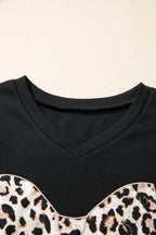Black Contrast Leopard Bow Patched V Neck Loose Tee Drawstring Shorts 2pcs Outfit