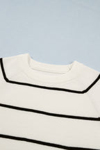 White Stripe Ribbed Knit Half Sleeve Loose Sweater Tee