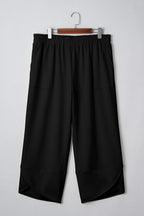 Black Plus Size Elastic Waist Asymmetrical Hem Loose Capris Pants