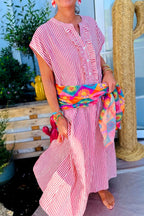 Red Stripe Frilled Detail Half Buttons Short Sleeve Long Dress