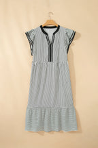 Black Stripe Plus Size Slit V Neck Tiered Flutter Sleeve Maxi Dress