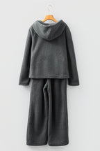 Medium Grey Fuzzy Drawstring Hoodie Lounge Pants 2pcs Set