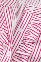 Red Stripe Frilled Detail Half Buttons Short Sleeve Long Dress