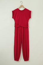 Racing Red Solid Color Cropped Tank Top and Jogger Pants Set