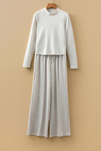 Light Grey Long Sleeve High Neck Slim Top Smocked Waist Central Seam Pants Set