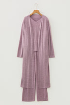 Delicacy 3pcs V Neck T Shirt Ribbon Knot Pants Open Duster 3pcs Lounge Set