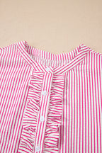 Red Stripe Frilled Detail Half Buttons Short Sleeve Long Dress