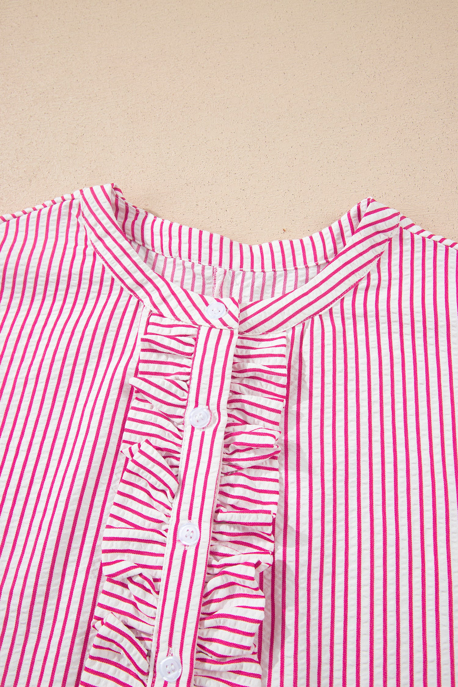 Red Stripe Frilled Detail Half Buttons Short Sleeve Long Dress