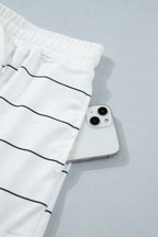 White Stripe Half Sleeve Tee Drawstring Shorts 2pcs Set