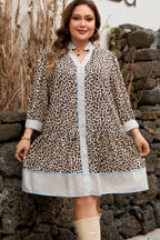 Khaki Plus Size Leopard Print Striped Trim V Neck Drop Waist Long Sleeve Mini Dress