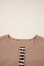 Straw Yellow Waffle Stripe Plaid Patchwork Henley Knit Top