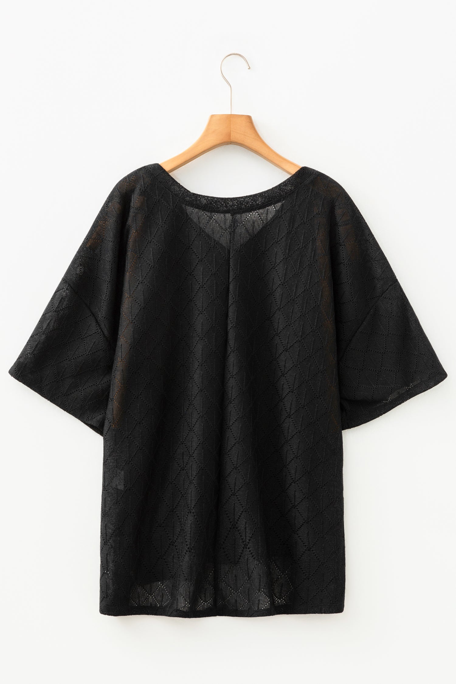 Black Pointelle Rhombus Knit Plus Size V Neck Loose Top