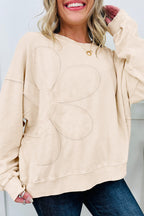 Beige Flower Patched Mineral Wash Round Neck Plus Size Top