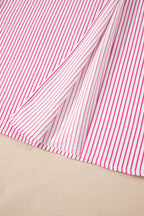 Red Stripe Frilled Detail Half Buttons Short Sleeve Long Dress