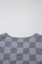 Gray Checkered V Neck Tee Drawstring Shorts Lounge Set