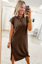Red Sandalwood Solid Color Long T Shirt Dress with Slits
