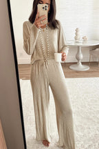Jet Stream 3D Ribbed V Neck Pullover Drawstring Pants 2 Piece Lounge Set
