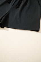 Black Contrast Leopard Bow Patched V Neck Loose Tee Drawstring Shorts 2pcs Outfit